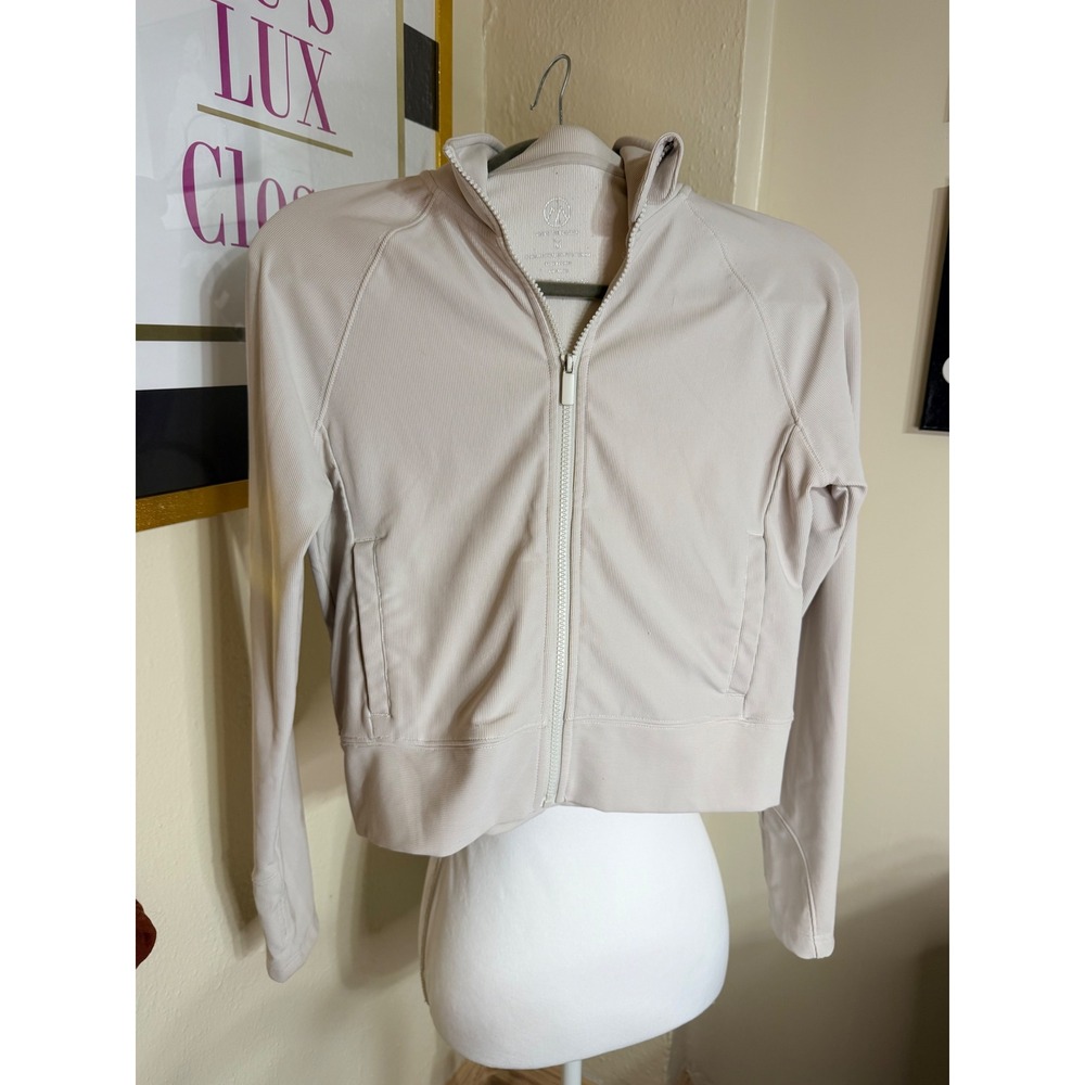 Move Theology Womens Ribbed Full Zip Cropped Athletic Jacket Beige Tan Size M